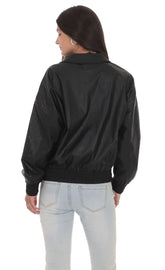 Woven Faux Leather Bomber Jacket in Black