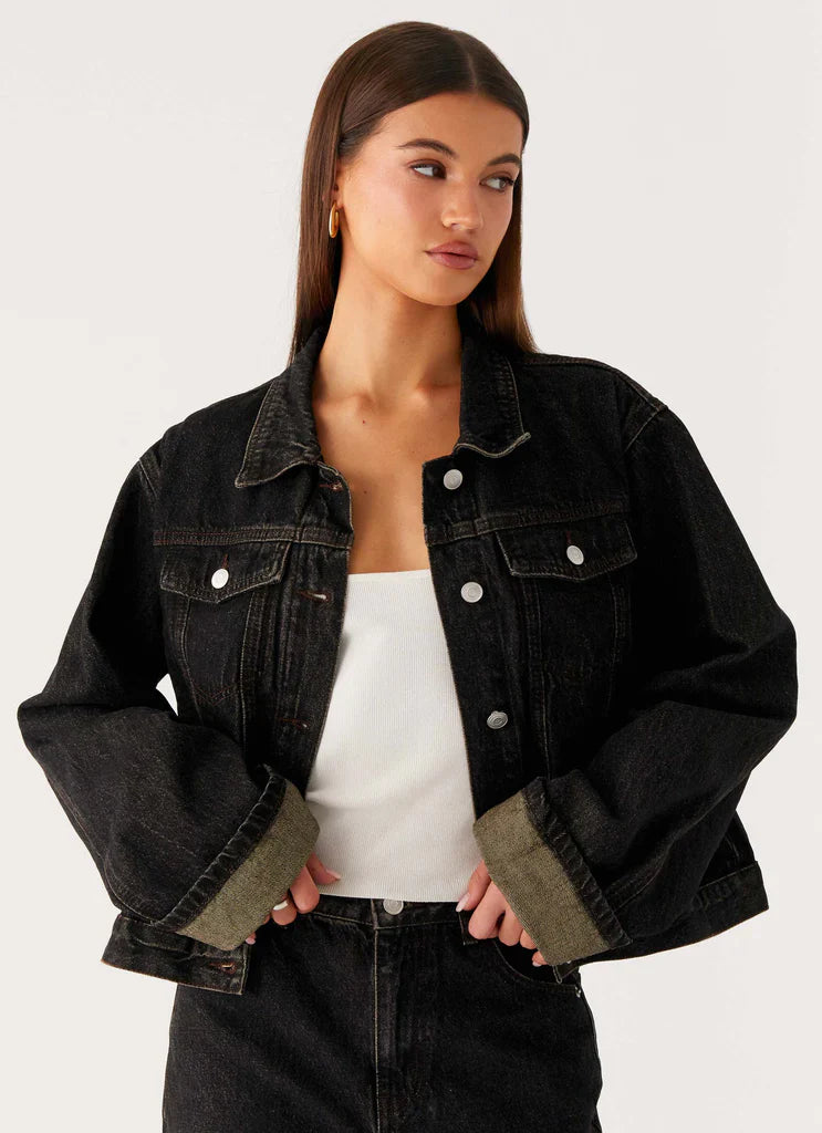 Back Again Oversized Denim Jacket - Acid Charcoal