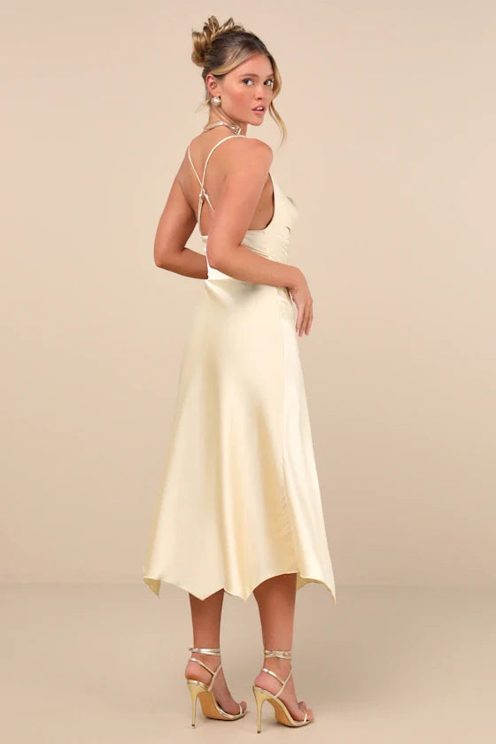 Evette Pale Yellow Satin Cowl Ruffled Handkerchief Midi Dress